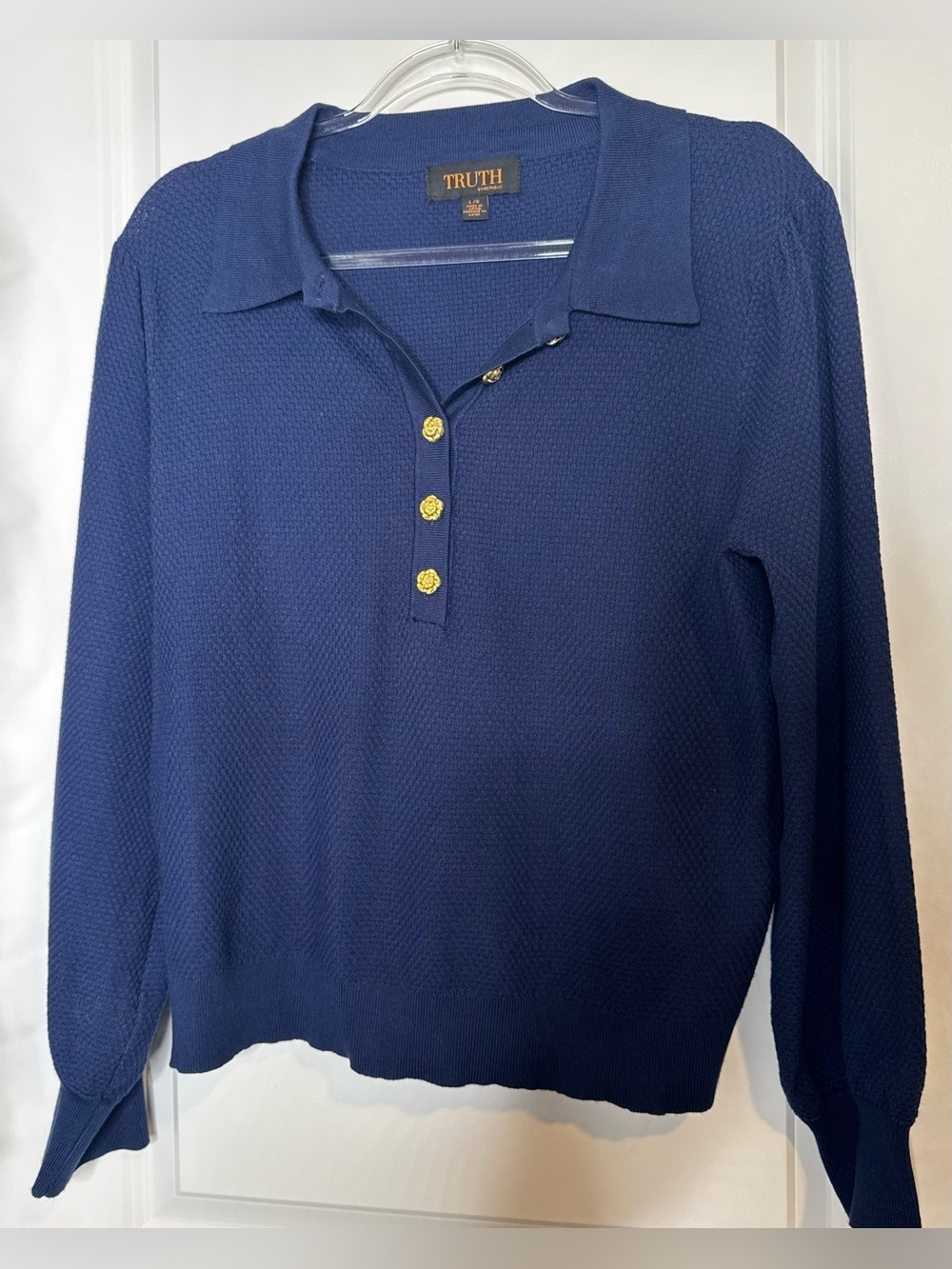 Truth Navy Long Sleeve Polo Top with Gold accent Buttons preppy size LG stretch